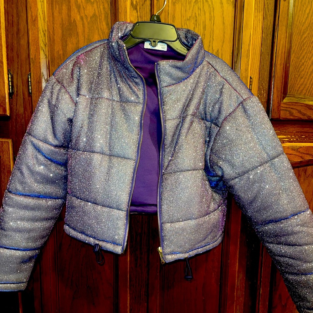 Kiwi Purple/pink Multichrome Puffer Glitter Jacket - Small